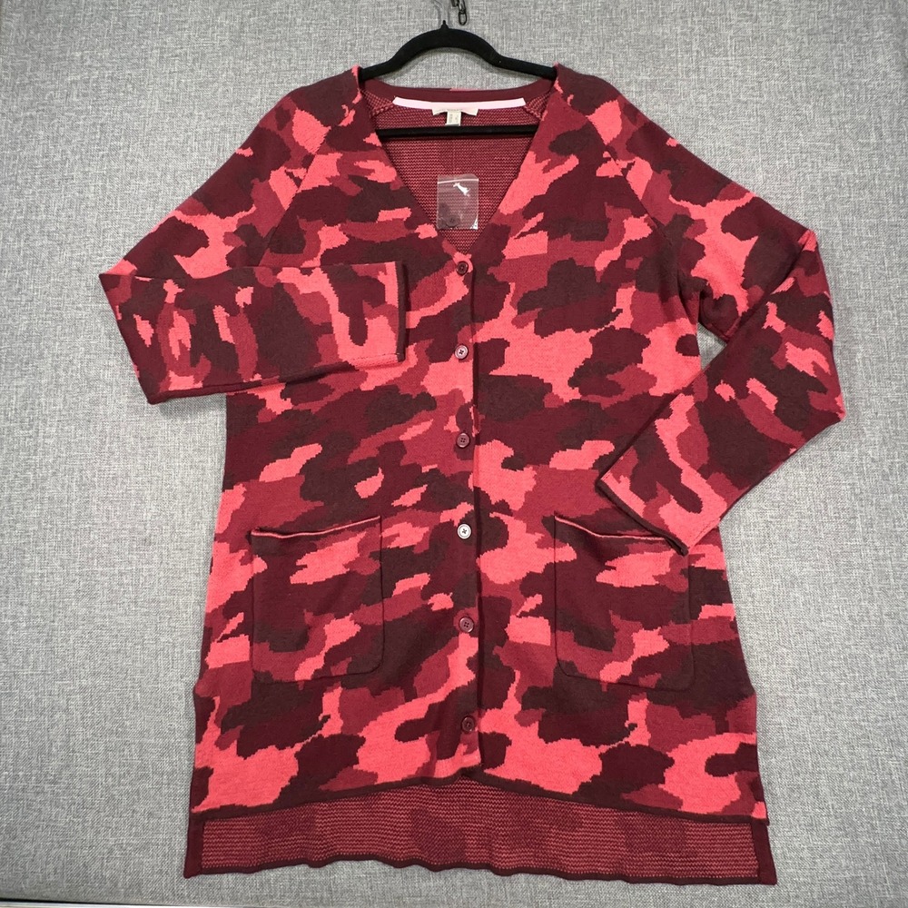 Isaac Mizrahi Live! SOHO Camo Jacquard Cardigan Womens L Red Hi-Low Hem NWOT